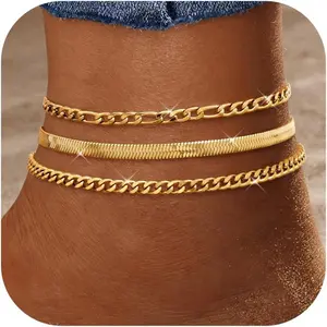 Ankle Bracelets for Women Waterproof, 14K Gold Plated Cuban Figaro Link Chain Anklets Non Tarnish, Dainty Layered Anklet Bracelets Adjustable Summer Beach Foot Jewelry