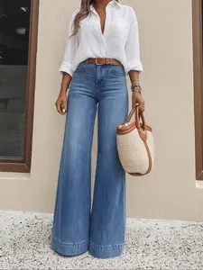 Women's Deep Blue Stretch Wide Leg Jeans, Casual Slim-Fitting Denim Long Pants, All Seasons Fashion, Plain Surface Unlined