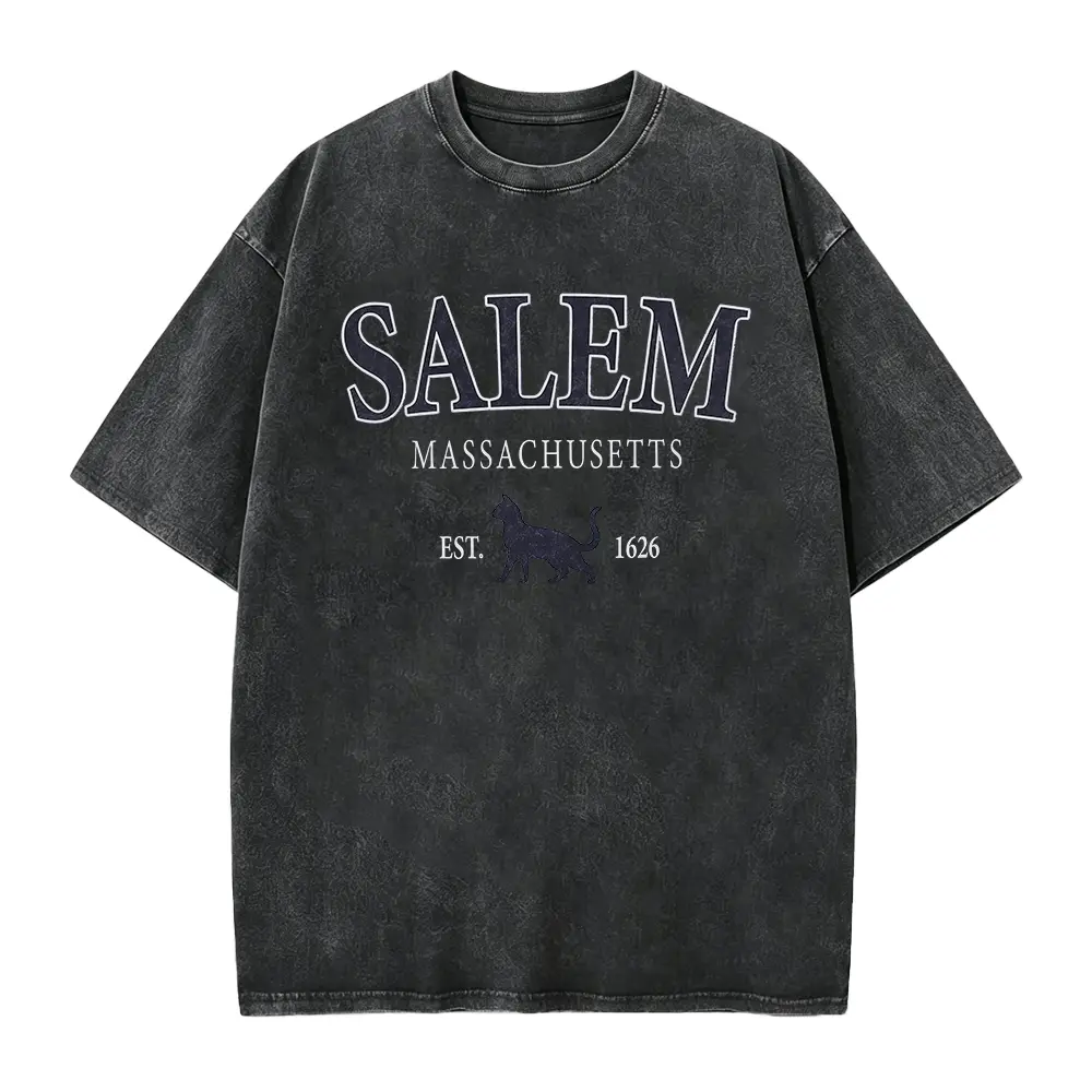 Salem Witches Tee, Vintage Salem Witch Top, Black Cat Graphic Tee, New England Travel Shirt, Retro Halloween Spooky Shirt