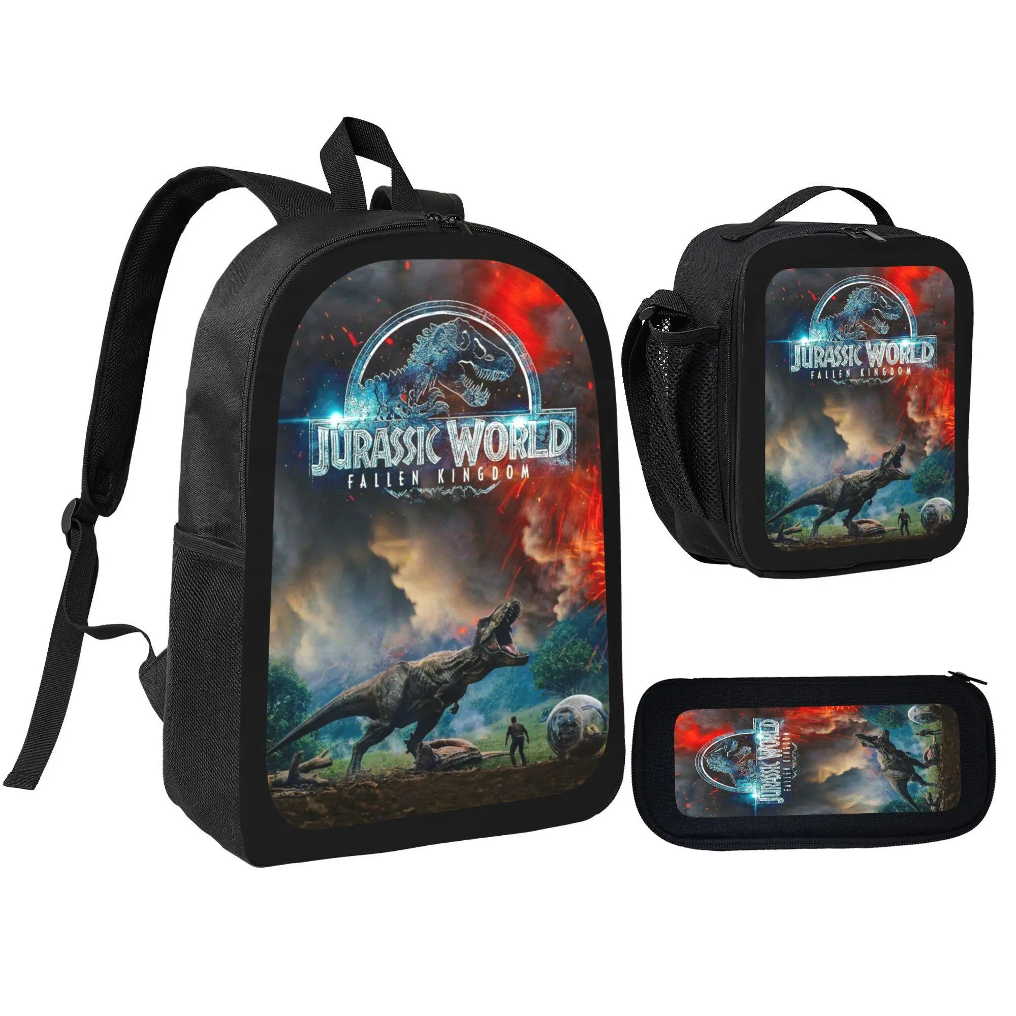 [3Pcs Backpack Set] Jurassic World Fallen Kingdom Dinosaur Movie Poster Print With Lunch Bag Pencil Pouch School Bag For Boys Kids Students Teenagers Daily Use Travel Camping Outdoor Adventure Gift Idea