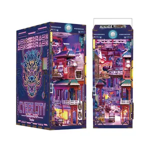 Tonecheer DIY Wooden 3D Puzzle Miniature Set with Miniature Furniture, Cyberpunk City Book Nook Kit for Adults, Dust Cover, Body Motion Sensor LED, Interactive Bookend Bookshelf Insert Decor