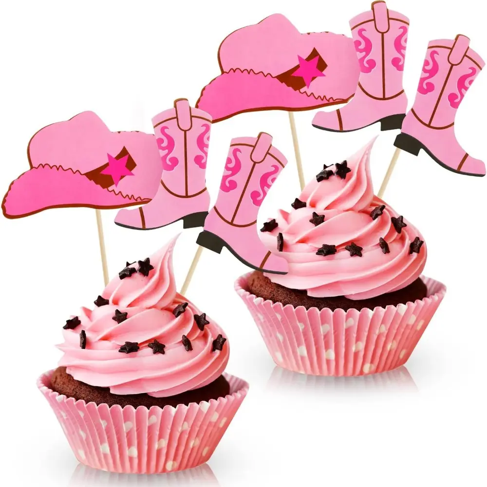 60-Piece Sturdy Cute Lightweight Single-Sided Pink Cardboard-Bamboo Cowboy-Cowgirl Hat & Boot Cupcake Toppers, Western Themed Bakeware Decoration, Rodeo Baby Shower Supplies, Fruit