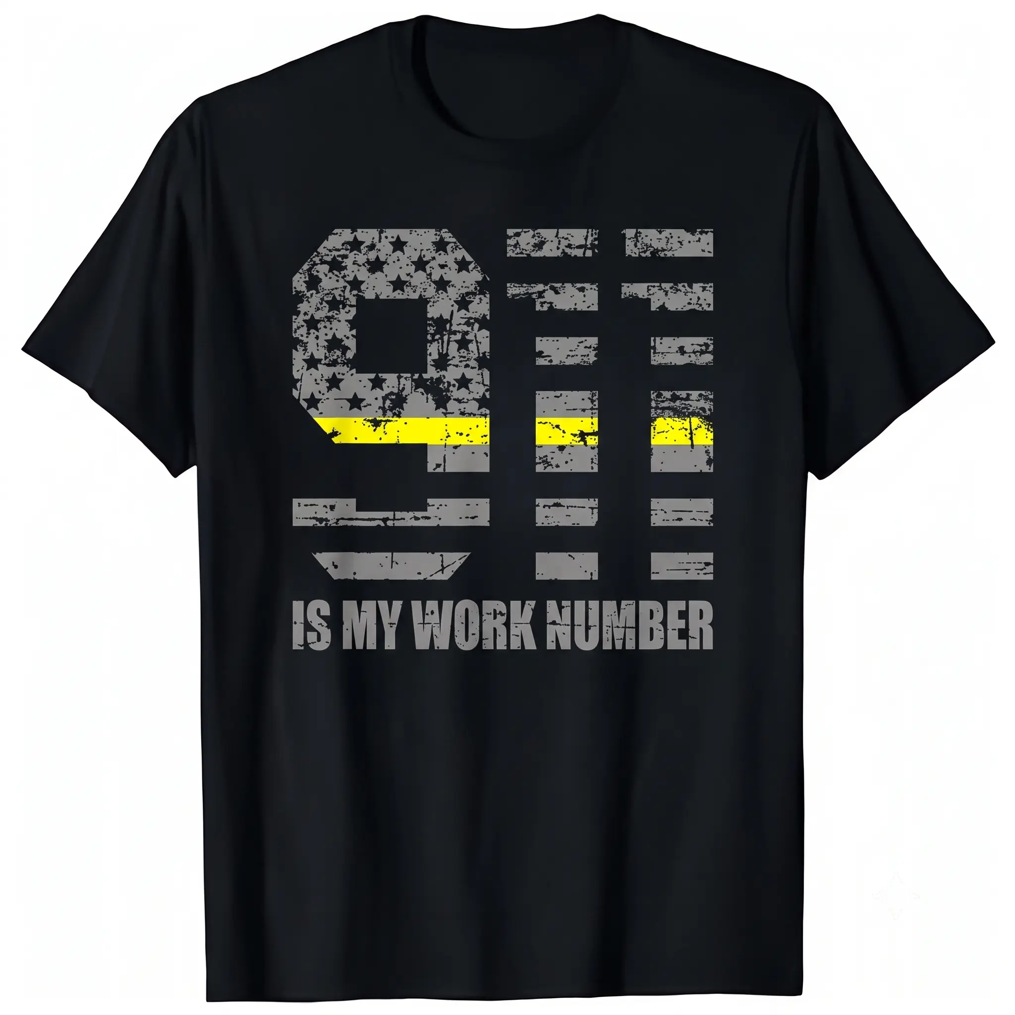 Men's Oversized Street Style Short-Sleeve Print T-Shirt - 911 Is My Work Number Distressed Typography, Emergency Dispatcher First Responder Graphic, Black Round Neck (Sports Top), Menswear, Shortsleeve, Casual, Soft, Jersey, Tops, Breathable