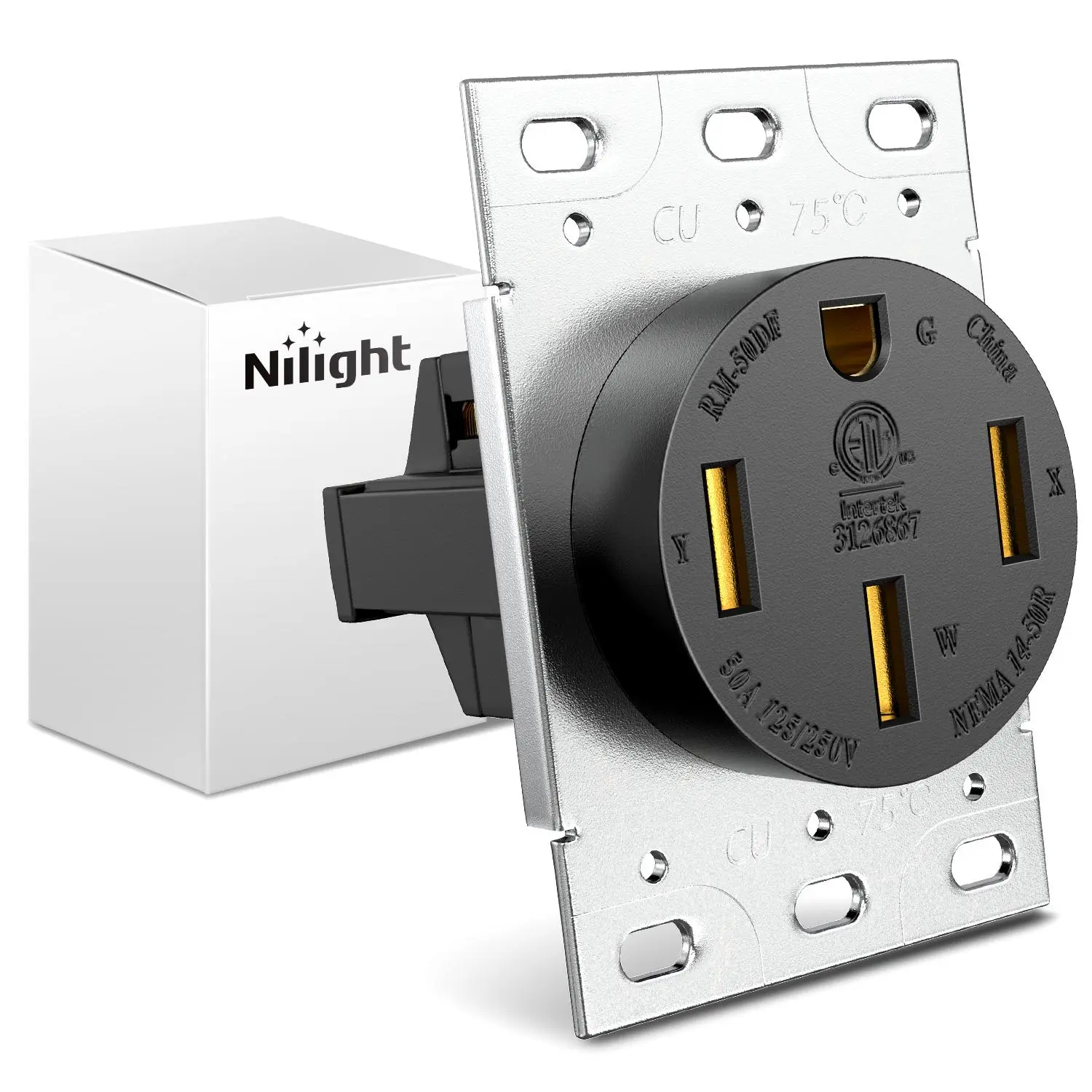 Nilight 50A RV Power Outlet, 125/250V NEMA 14-50R Heavy Duty Receptacle with Galvanized Steel Wall Plate, Nylon Housing Straight Blade, ETL Listed Flush Mount for Camper Trailer EV High Power Appliance, 50 Amps