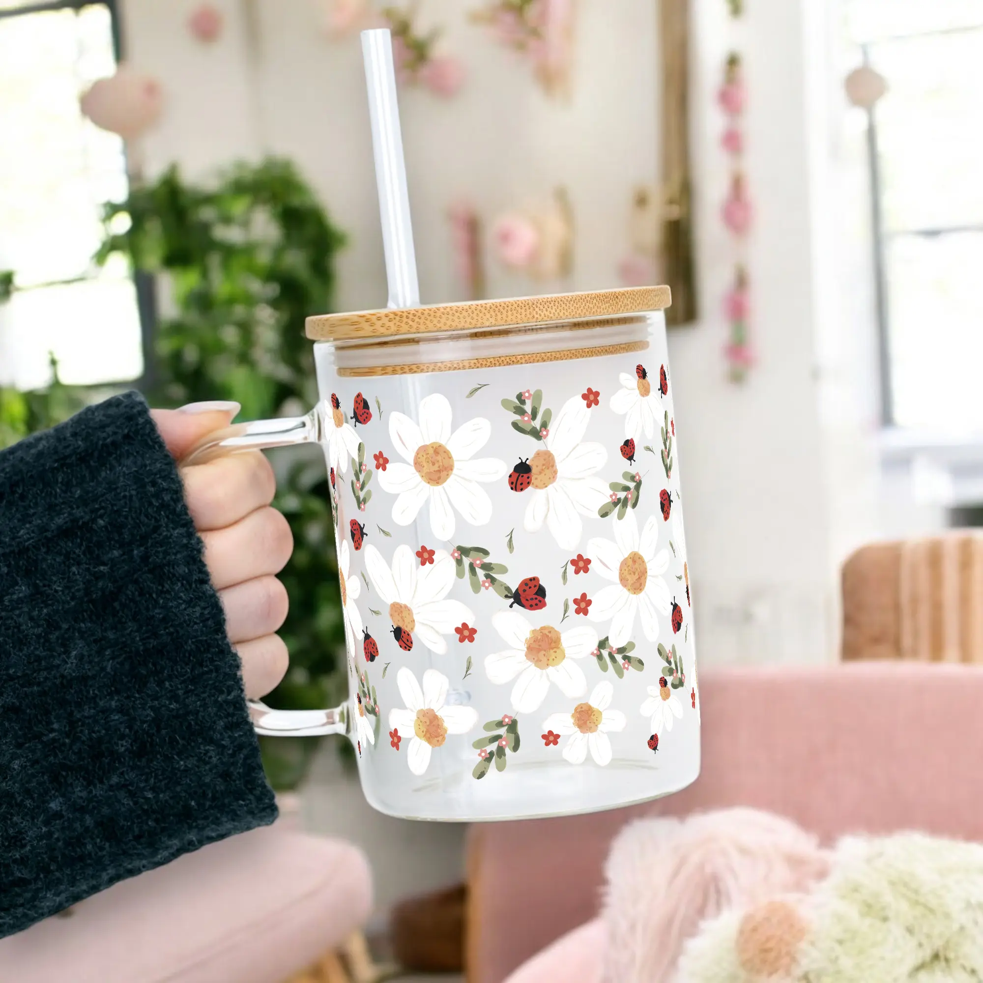 Spring 17oz Glass Mug with Lid and Straw, Iced Coffee Drinkware, Gift for Her, water bottle for women, christmas gift, Stylish, Bamboo, Lightweight, Reusable, Glossy, Silicone