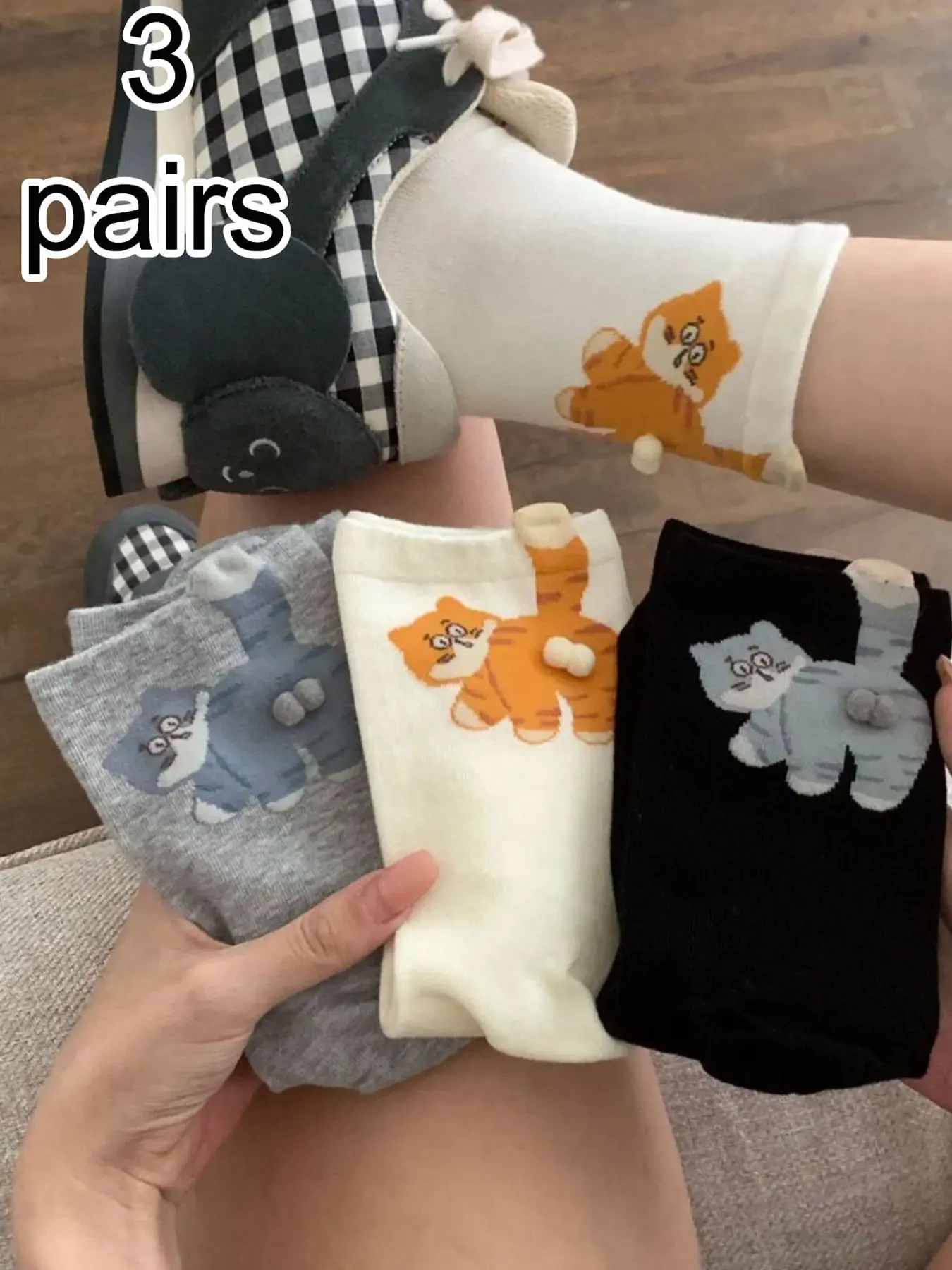 Cute Aesthetic Cartoon Cat Crew Socks for Women, 3 Pairs with Ball Detail & Print Design, Casual Home Wear, Comfortable Daily Use