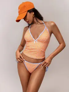 Women's Gingham Print Tankini Set, Casual Sleeveless Swim Top & Swim Bottom Two-piece Swimsuit for Summer, Fashion Women's Swimwear for Beach Holiday Vacation, Tankini Swimsuits Women, Tankini Top Bottoms, Summer Tankinis Set