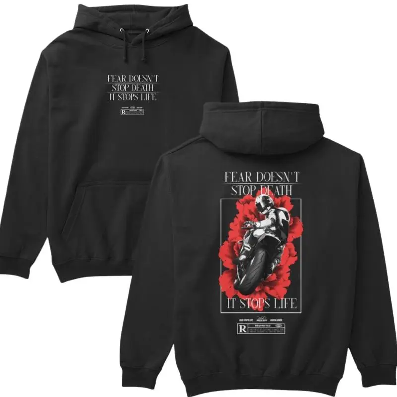 Men's Classic Stylish Vintage "Fear Doesn't Stop Death" Print Cotton-Blend Hoodie - Long Sleeve, Hooded Neck, Spandex-Stretchy Fabric, Unisex Menswear Casual Pull-On Sweatshirt for Motorcycle Enthusiasts
