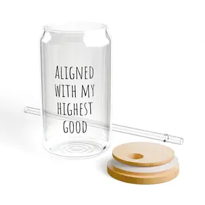 Aligned With My Highest Good Sipper Glass, 16oz - Positive Energy Drinkware, Manifestation Mug, Spiritual Gift, Law of Attraction Cup, Self