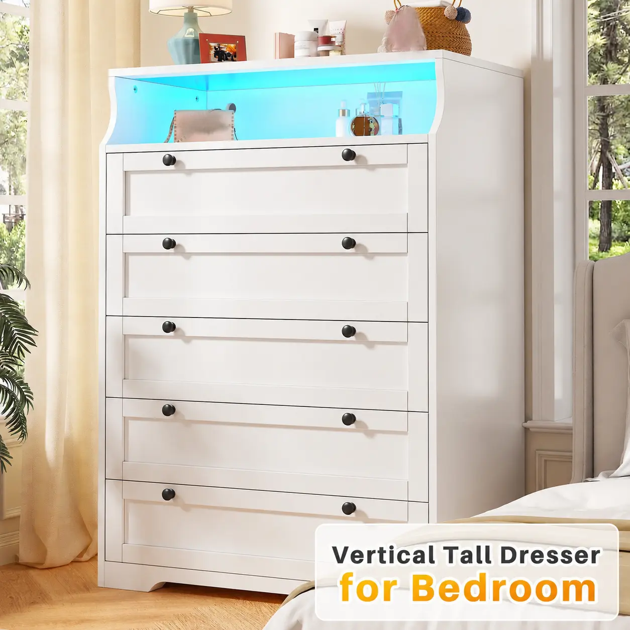 RaybeeFurniture 5-6 Drawer Dresser with LED Lights for Bedroom, Modern Wood Dresser Chest with Large Storage Organizer, Tall Wide Chest of Drawers for Closet, Living Room, Hallway, Sturdy Wooden Dressers for Small Spaces, Home Decor Furniture