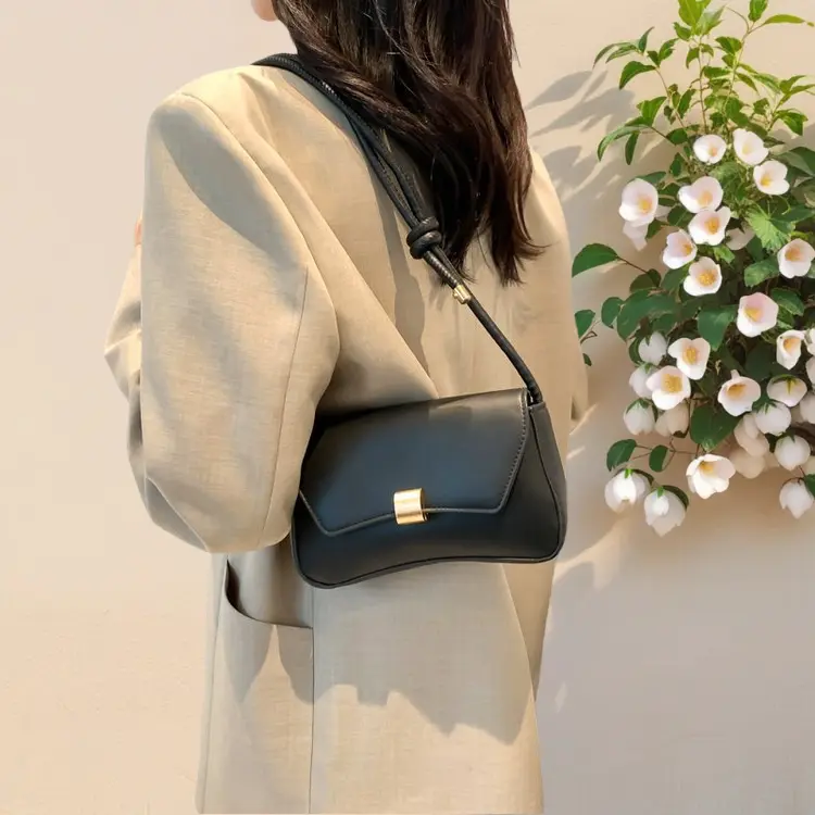 Women Shopper Purse Solid Underarm Bag Elegant Handbag Personality Metal Lock Buckle Knot Crossbody Bag