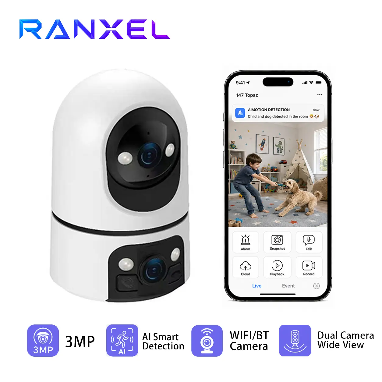 Ranxel 3MP Dual-Lens Indoor Security Camera, 360° Pan-Tilt Wi-Fi Home Monitor with Color Night Vision, AI Motion Detection, Auto Tracking, 2-Way Audio, Remote App Viewing, Family Sharing for Baby Care & Home Security