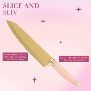 Paris Hilton Reversible Bamboo Cutting Board & Cutlery Set with High Carbon Stainless Steel Knives Blade Guards Comfort Grip Handles 7-Piece Gold Pink