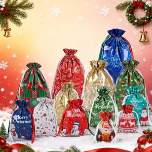 52PCS Christmas Gift Bags Set with Tags 13 Unique Designs Reusable Drawstring Goody Bags for Presents
