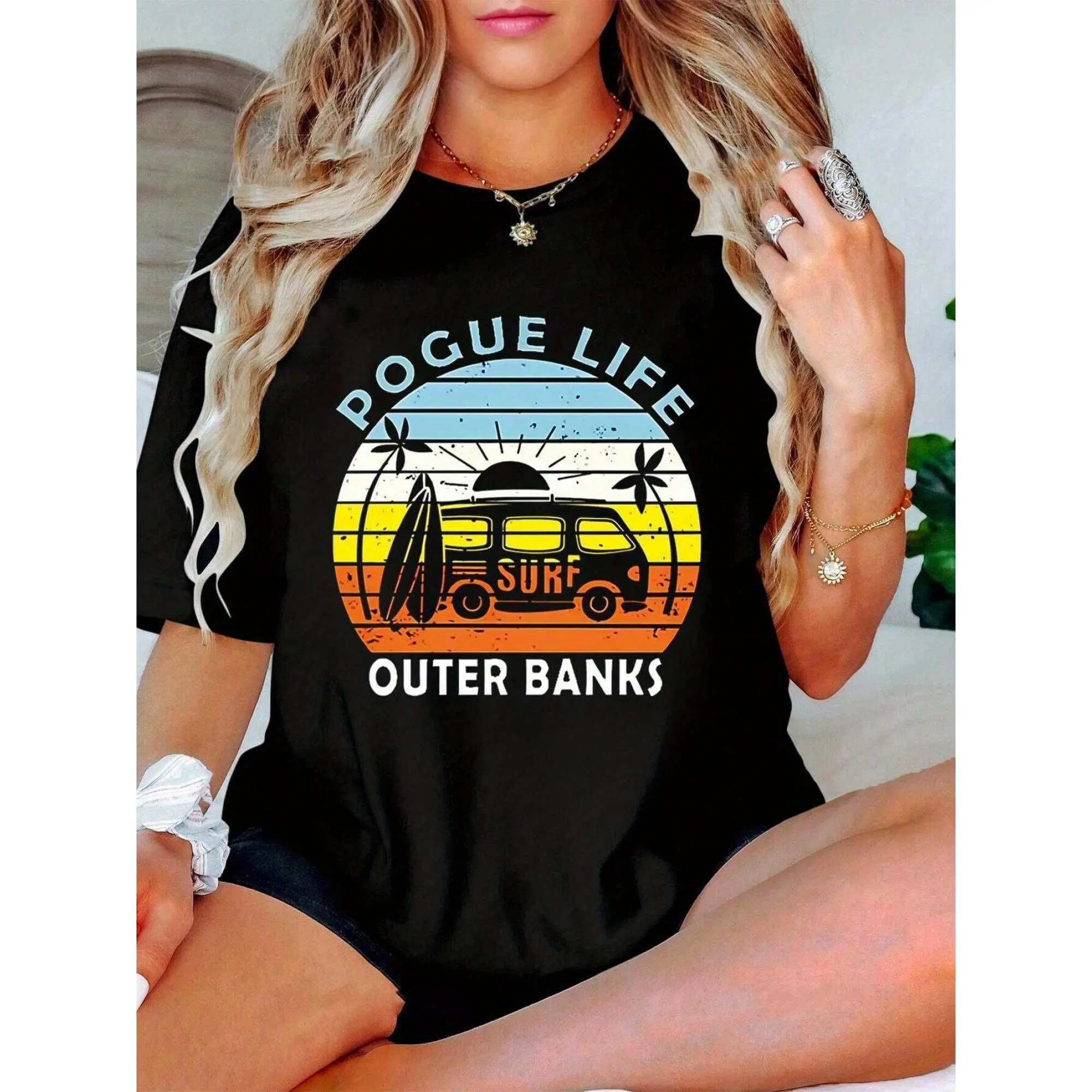 Pogue Life Outer Banks Graphic Women's T-Shirt - Black Retro Surf & Palm Tree Design, Loose Fit Casual Crew Neck Short Sleeve Top, Machine Washable All-Season Beachwear, Relaxed Fit Tee | Vintageinspired Tee | Nonelastic Fabric
