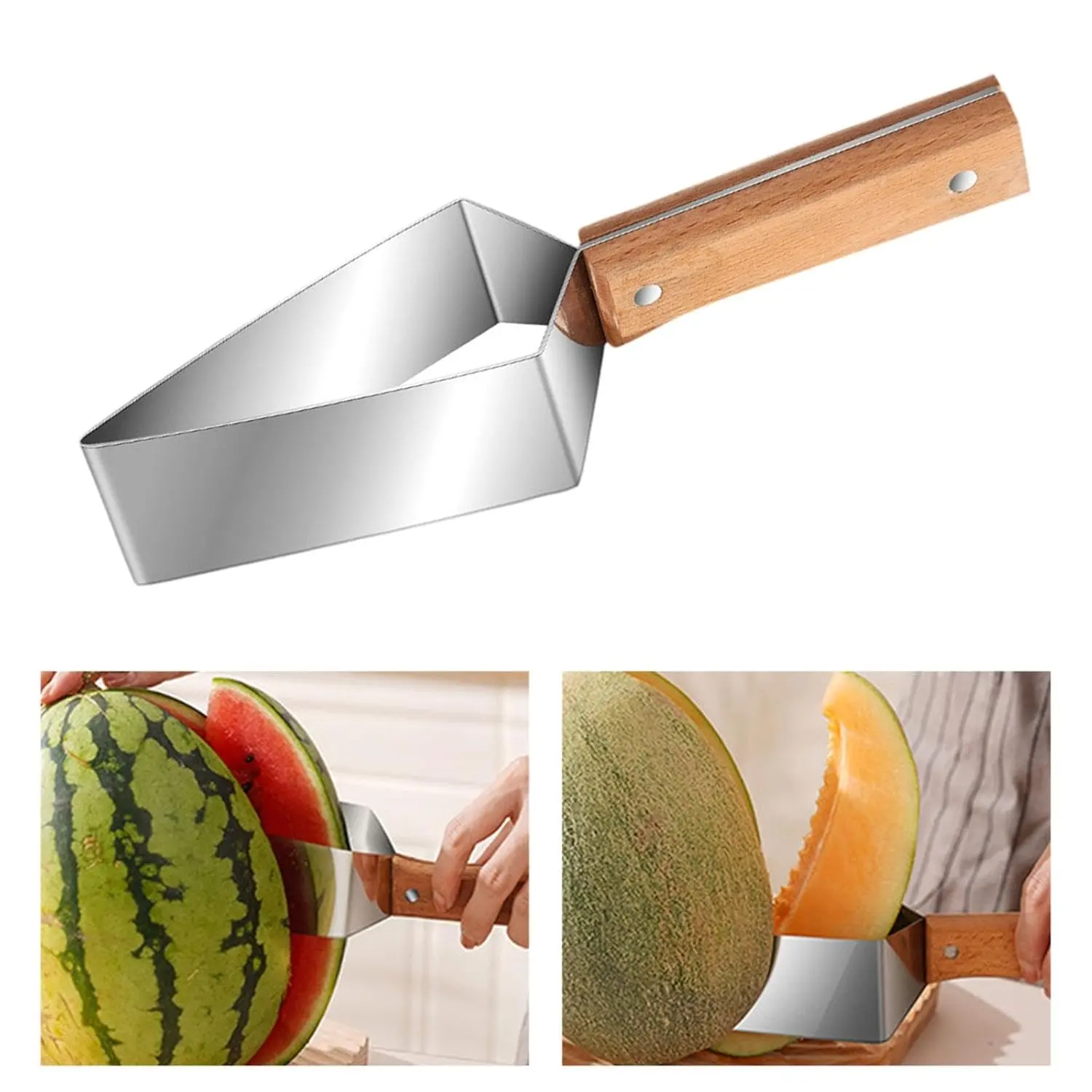 1PCS Stainless Steel Watermelon Splitter with Wooden Handle - Durable Fruit Tool, Easy-Grip Kitchen Utensil, Fruit Vegetable Slicer for Cutting Cantaloupe, Quick Neat Cuts, Dishwasher Safe, Ideal for Watch Party, Watermelon Splitter Fruit Peelers & Slicer