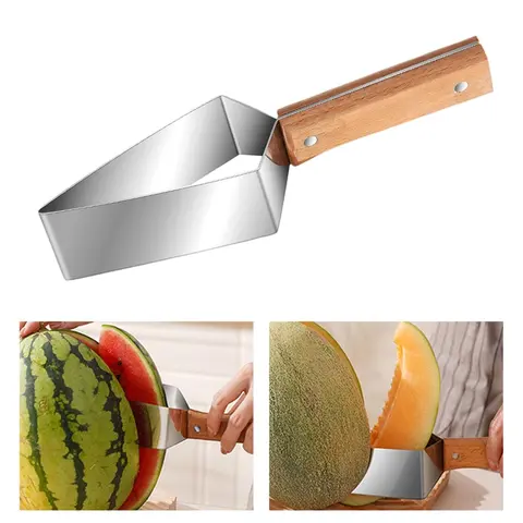1PCS Stainless Steel Watermelon Splitter with Wooden Handle - Durable Fruit Tool, Easy-Grip Kitchen Utensil, Fruit Vegetable Slicer for Cutting Cantaloupe, Quick Neat Cuts, Dishwasher Safe, Ideal for Watch Party, Watermelon Splitter Fruit Peelers & Slicer