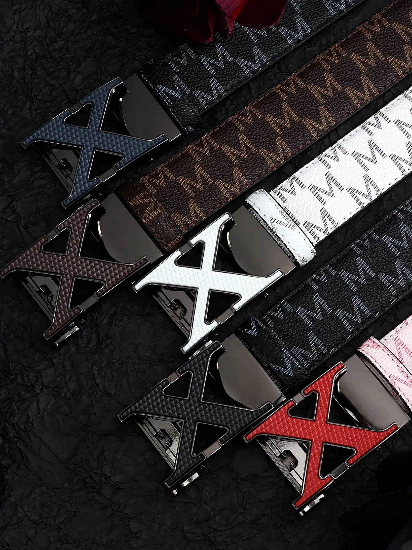 Trendy High-End Men's Leather Belt, Fashion Belts, Exquisite Belt with X Letter Buckle, M Letter Print Strap for Everyday Fashion, Versatile Waist Belt for All Seasons