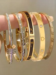 5 Pcs High-Quality Stainless Steel Bangles Set, Sparkling Zirconia, Perfect Gift Accessory, Elegant Style, All Seasons Wear, Stackable Bracelet