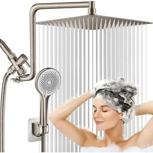 12'' Rainfall Shower  Combo, Brushed Nickel High  Shower Heads with Flexible Curved Arm & 4-Setting Handheld Sprayer, 60'' Hose, Stainless Steel