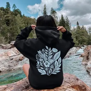 Embroidered Blue Wildflower Oversized Hoodie for Women with Monochrome Linocut Art and Plant-inspired Aesthetic Casual Sweatshirt