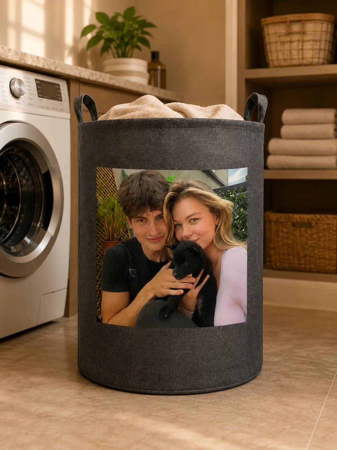 Custom foldable round laundry basket with customizable patterns, suitable for kitchens, living rooms, bathrooms, closets, game rooms and cars. It can store clothes, toys, books and more.