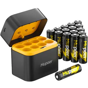 Mupoer 16 Pack AA Batteries 1.5V 3600mWh Lithium-ion Rechargeable Batteries with Charger for Game Controllers,Blink Camera,1600+ Charging Cycles Fast Charging LED Display