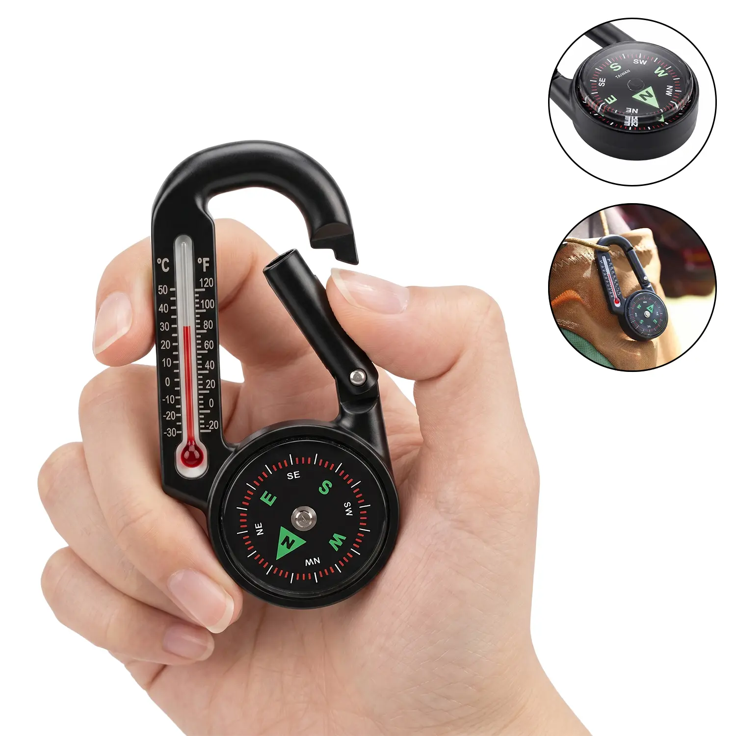 Trail Compass for Hiking, Backpacking, Camping, and Orienteering – Mini Carabiner Compass Thermometer with Clip-On Keychain, Gift for Men, Hikers & Campers – Cool EDC Gadget for Backpacks – Fun Camping Accessory for Him