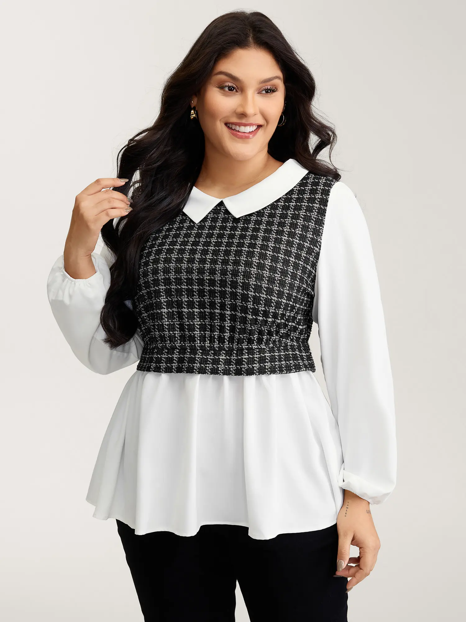 BloomChic Women's Plus Size Fitted Houndstooth Color Contrast Blouse - Polyester Smooth Garment, Long Lantern Sleeves, Lapel Turn-Up Neck-Lengthening Top, M-6X Sizes, Machine Wash Summer Top, Tops