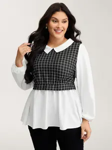 【Summer Turn-Up】【Neck-Lengthening】BlOOMCHIC Plus Size Women's Houndstooth Color Contrast Blouse [M-6X] 2026 Summer Pick for Mother's Day