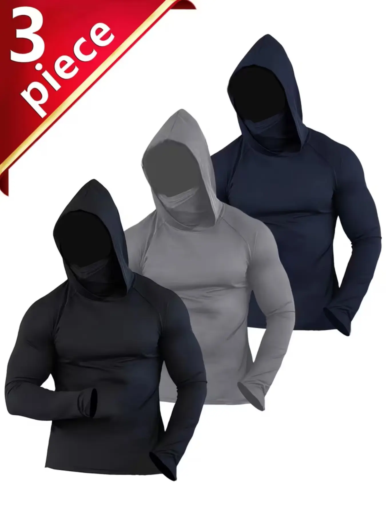 3pc Men's Mixed Color Hooded Sports Shirts, Athletic Apparel, Quick-Dry Windproof Long Sleeve, Includes Mask, Ideal for Outdoor Activities, Running, Fitness