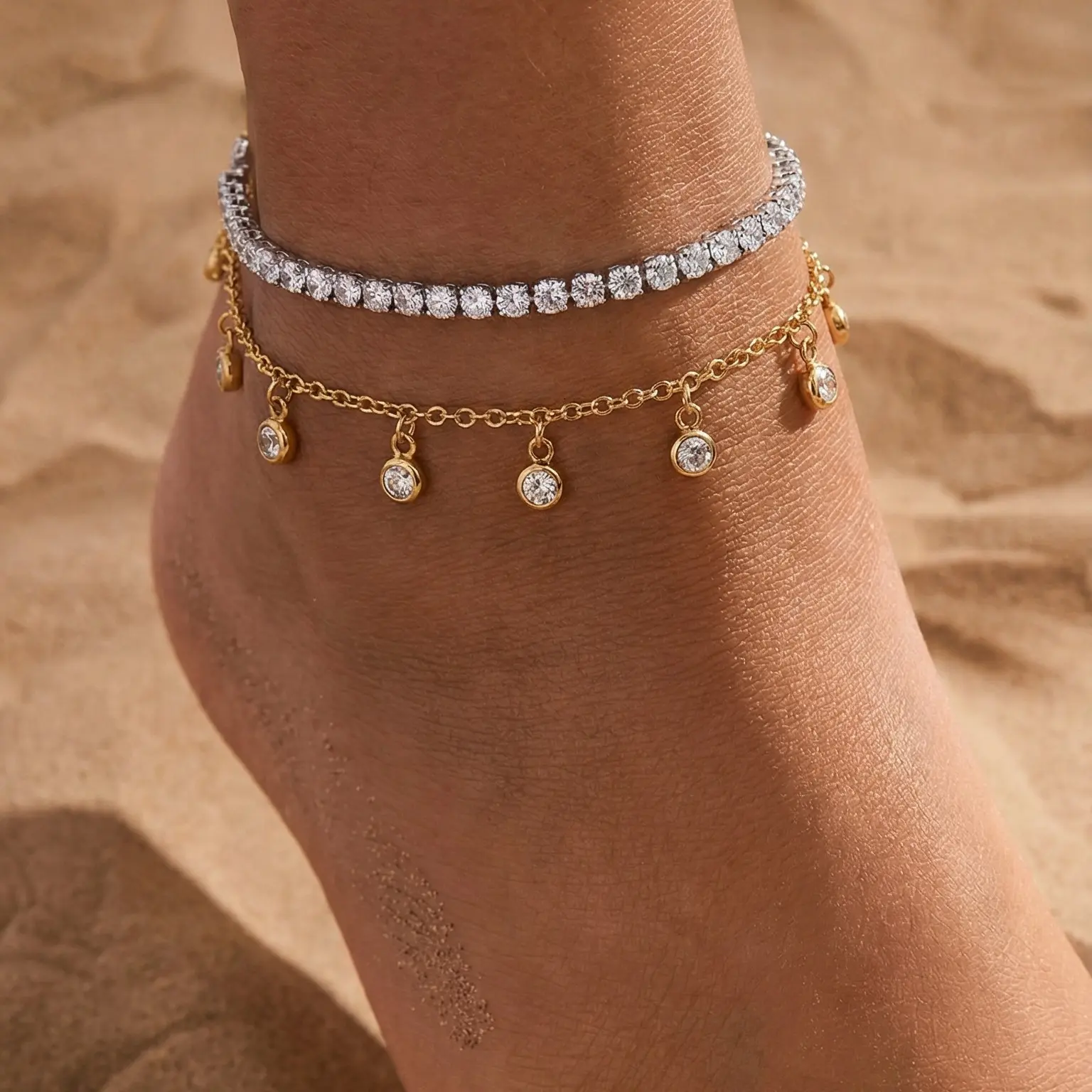 Wide Ankle Friendly 18K Gold Plated Stainless Steel Waterproof CZ Dangle Layered Anklets For Women 2PCS Set