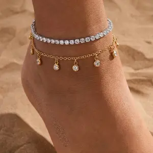 Wide Ankle Friendly 18K Gold Plated Stainless Steel Waterproof CZ Dangle Layered Anklets For Women 2PCS Set