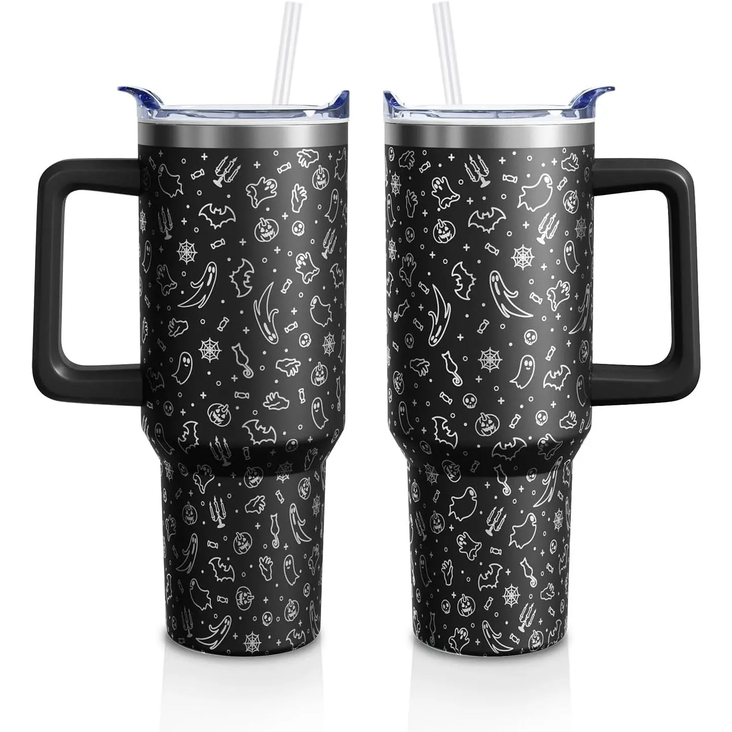 Halloween Novelty BPA-Free Stainless Steel Insulated Water Bottle Tumbler - 40 fl oz/1000ml (500-1,000 ml Range), Ghost Print, Bat & Black Engraved Designs, Portable Kitchenware Drinkware with Handle, Straw & Lid, Coffee Mug Gift for Women, Best Friend