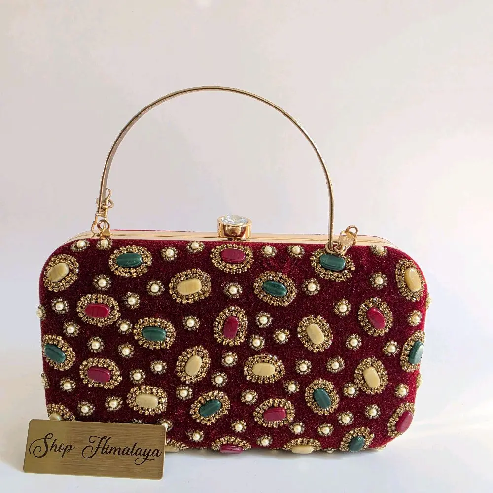 Handmade Velvet Evening Clutch Maroon Beaded Crossbody Bag for Galas Weddings with Gold Accents