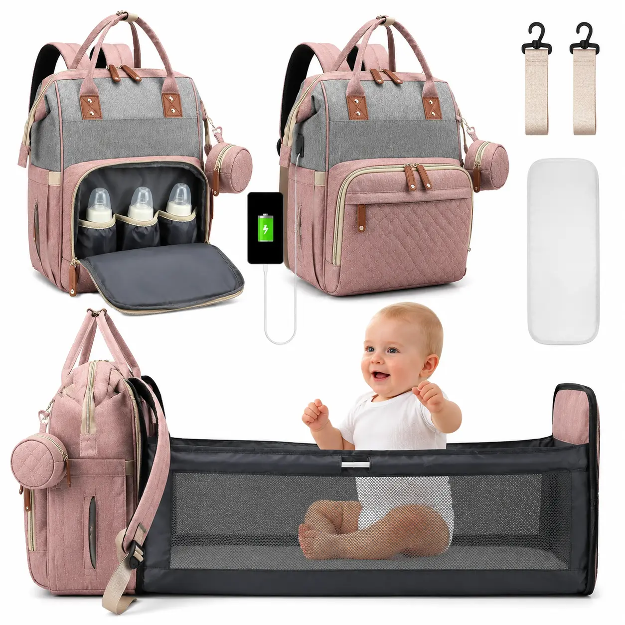 Baby Diaper Bag Backpack with Changing Station, Large Capacity, Stroller Straps and USB Charging Port, Baby Registry Search for Boys & Girls