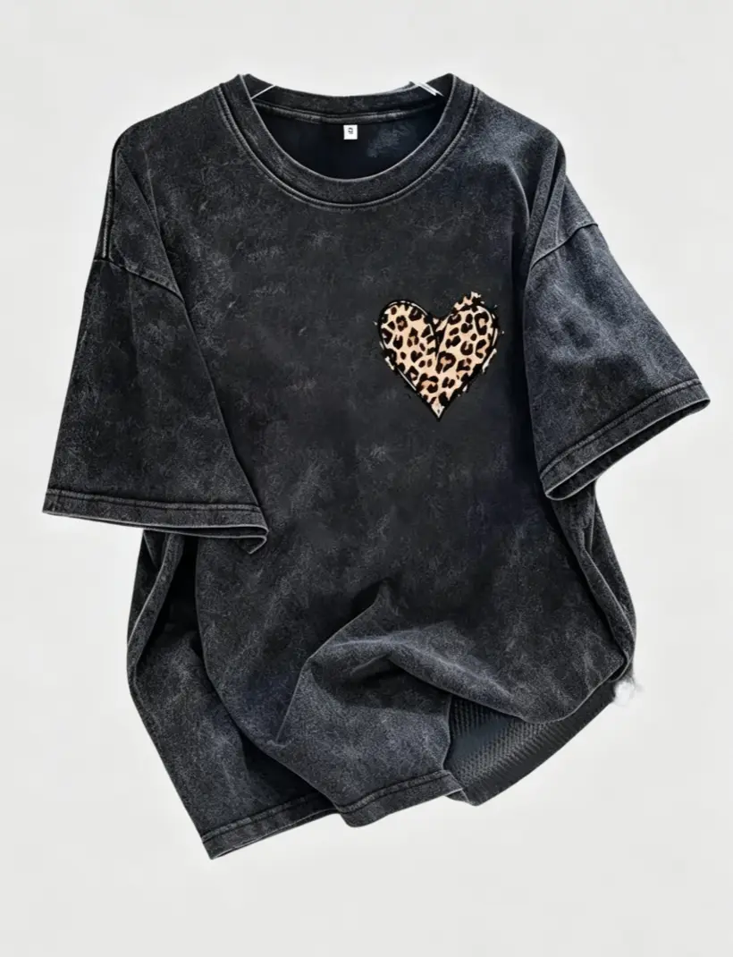 Men's Leopard Print Heart Cotton Washed T-Shirt, Casual Fit Cargo-Inspired Top for Jeans & Pants Pairing,summerwins