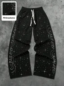 Y2K Cyber-Style Full Rhinestone Graphic Baggy Casual Sweatpants - Shimmering High-Waist Wide-Leg Joggers with Raw Hem - Perfect Bling Bling Streetwear for Music Festivals, Nightclubs & Aesthetic Street Style Athleisure Pants
