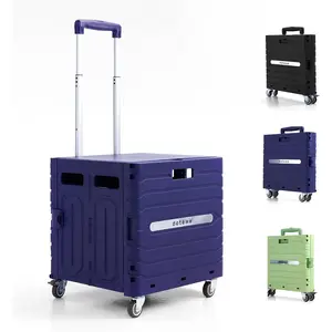 Folding Utility Cart Portable Rolling Crate Handcart Foldable Shopping Trolley Collapsible, with Lid, on Wheels, for Grocery, Garden, Office, Storage, Teacher, Tool (Purple)