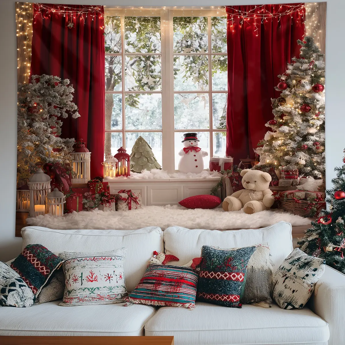 1pc Christmas tapestry, snowman Christmas tree Christmas atmosphere tapestry, winter snow scenery Christmas tree Christmas gift Christmas party decoration background banner, indoor/outdoor holiday decoration tapestry, Tapestry Wall Hanging