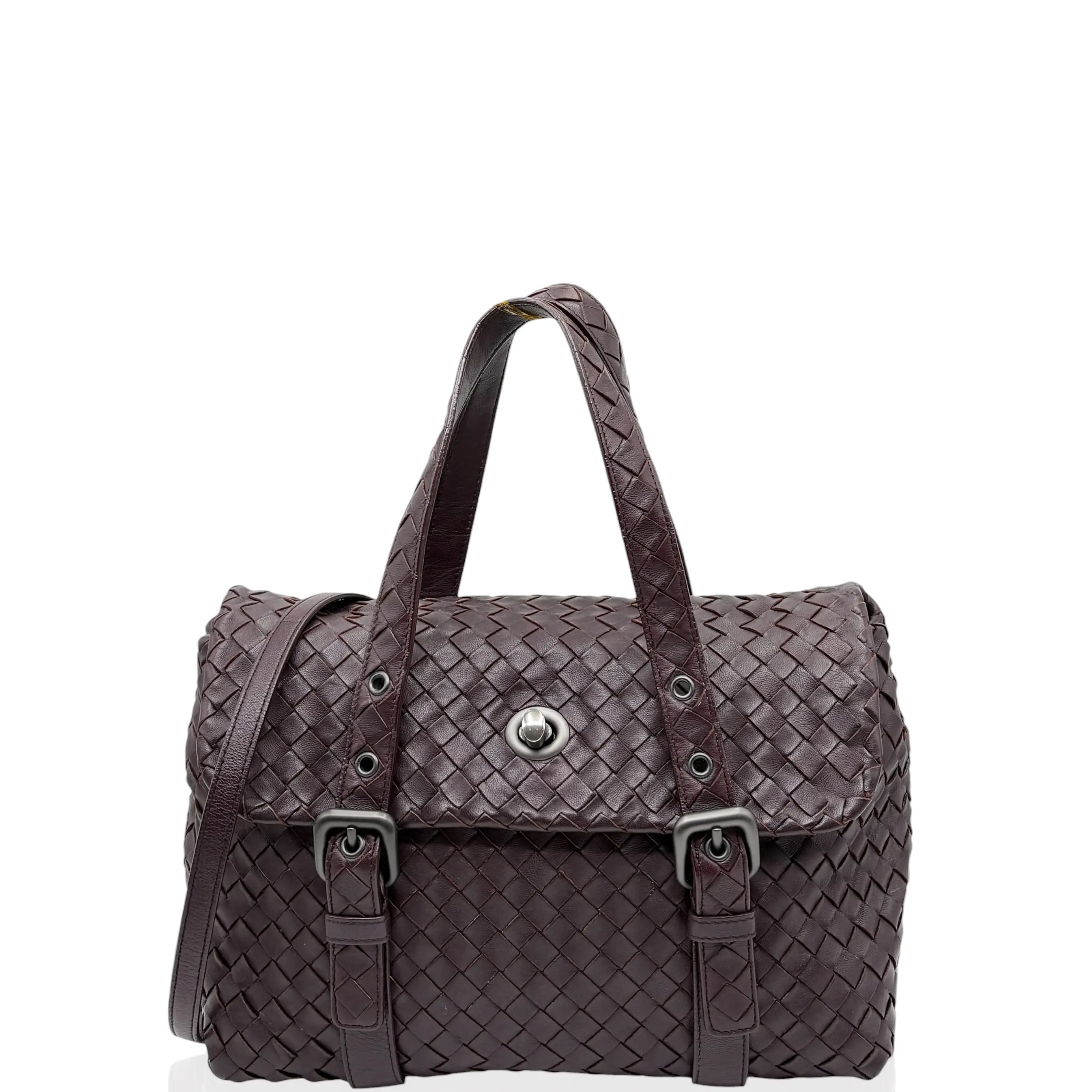 Pre-owned BOTTEGA VENETA Leather tote bags Two Way Bag Lambskin Intrecciato Nappa Burgundy (pa041026a2)