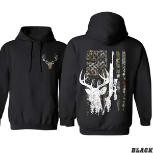Deer Skull Hunting Hoodie for Outdoor Enthusiasts – White Buck Silhouette & Camo Flag Graphic Cozy  for Fall Camo & Country Style Wear Apparel Made In The USA Men's Streetwear Hoodie unisex