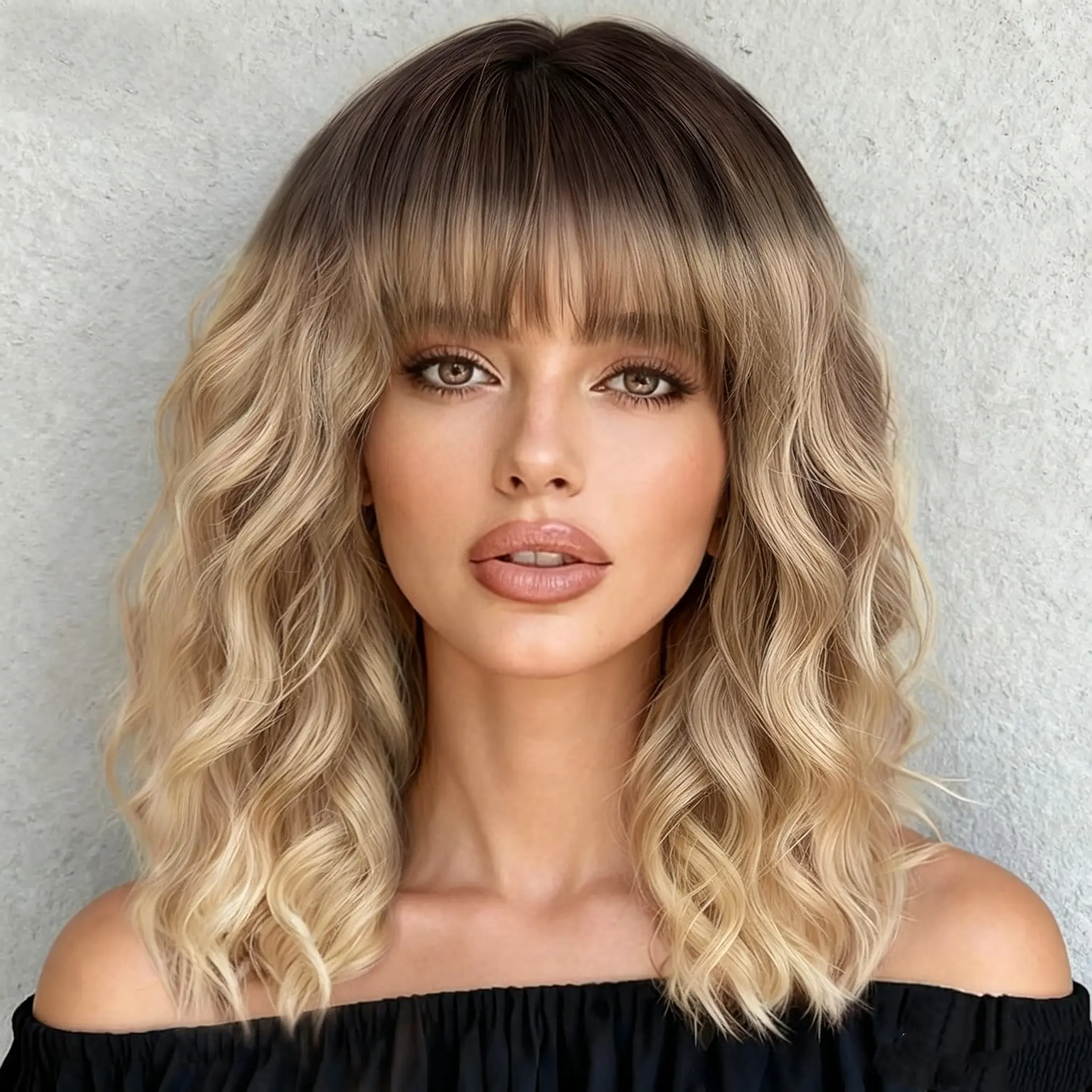 Short Ombre Blonde Wavy Bob Wigs with Bangs for Women Natural Looking Heat Resistant Synthetic Wigs for Daily Party Cosplay Use 14 Inch