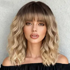 Blonde Wigs with Bangs Short Ombre Blonde Wavy Bob Wigs for Women Natural Looking Heat Resistant Synthetic Wigs for Daily Party Cosplay Use 14 Inch