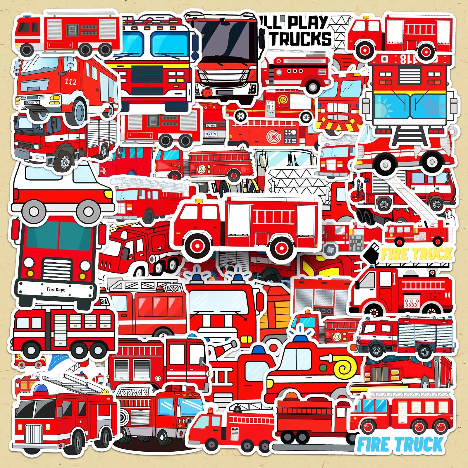 Fire Truck Pattern Sticker, 50pcs/set Cartoon Fire Truck Decorative Sticker, DIY Decals for Water Bottle, Laptop, Phone Case, Scrapbooking, Journal Making
