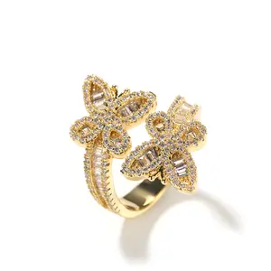 Diamond inlaid staggered butterfly opening ring, high-end wedding and party dressing ring, proposal ring