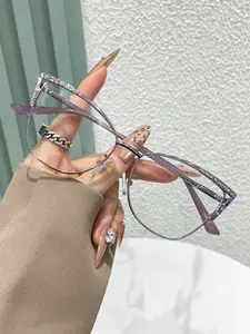 Women & Men Rhinestone Cat Eye Metal Glasses, Anti-Blue Light, Elegant Style, Suitable for Daily Life, Office, TV, Gaming, Phone Use, Stylish Protective Glasses