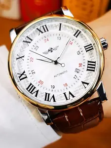 Men's Automatic Mechanical Watch - Fluorescent Hands, Calendar, Brown Leather Strap, White Dial, Roman numerals, Mechanical Movement, Suitable for Thanksgiving Gifts, Business Leisure Watch, Business Automatic Wristwatch, Automatic Watches