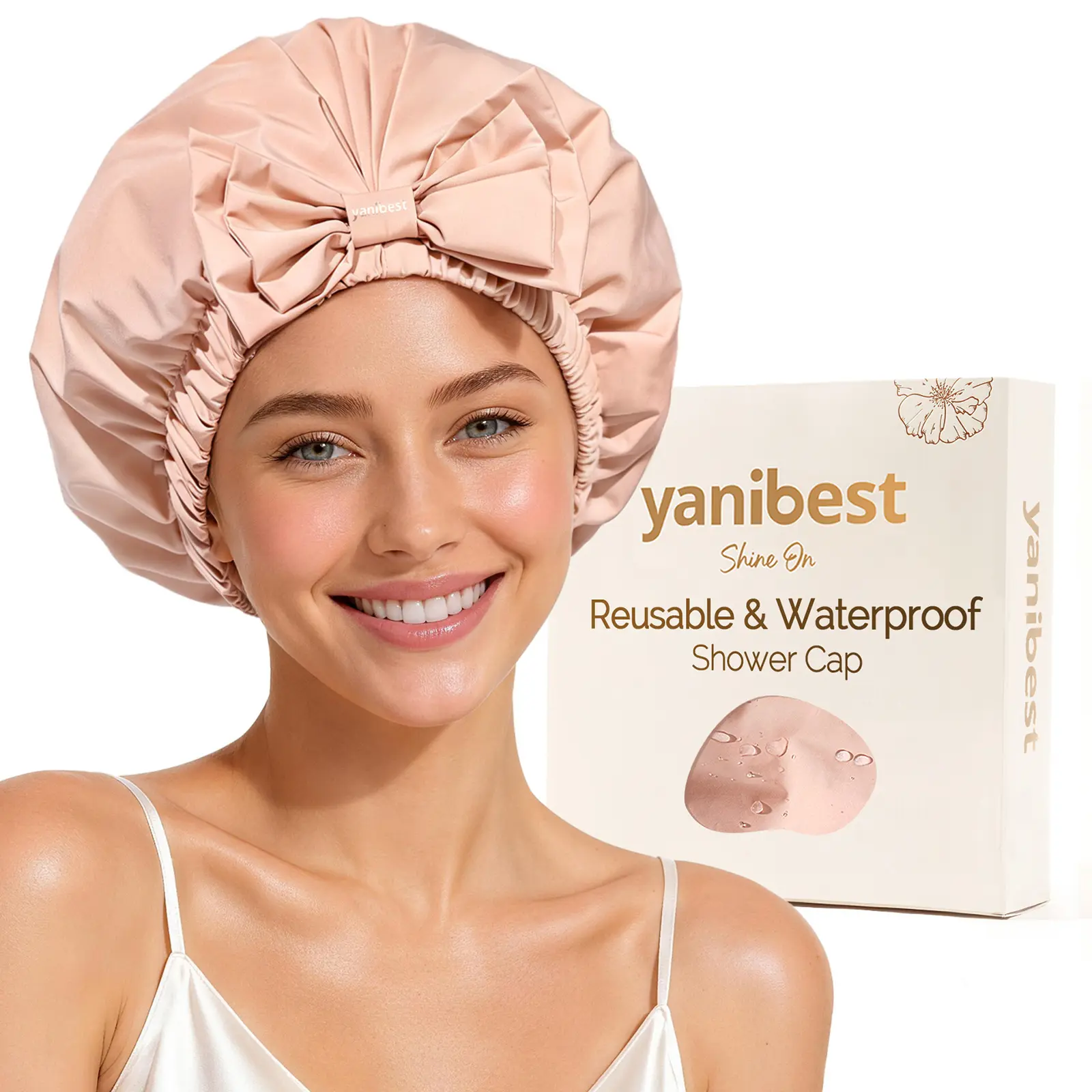 YANIBEST Shower Cap for Women, Cute Quick-Dry Nylon Bathroom Accessory with Bow, Comfortable Wide Band for Braided Hair, Beauty Products