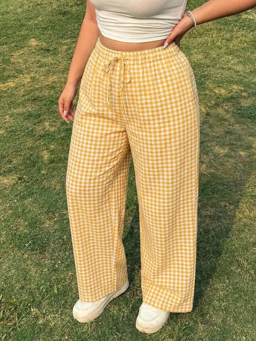 SHEIN EZwear Plus Size Women Plaid Drawstring Waist Casual Versatile Daily Wear Pants Summer Pant Set Checkered Pants Yellow Bottoms Fall